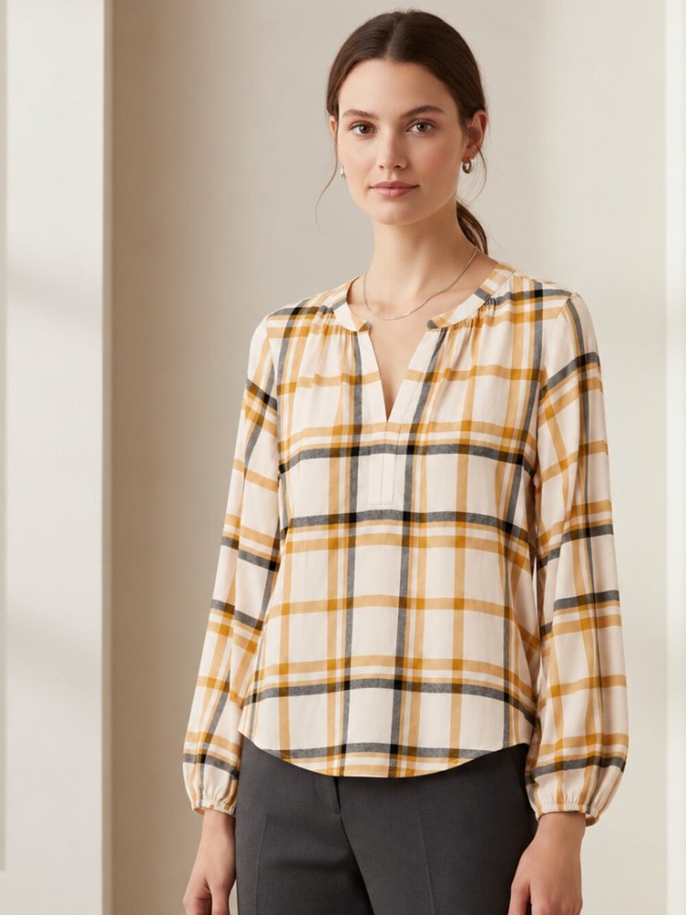 LOFT Saddle Plaid Flannel Shirt Cappuccino Cream Cotton Viscose NWT - Picture 6 of 6